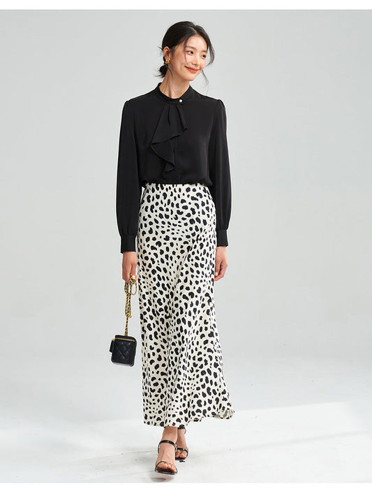 Satin Leopard Flare Skirt – Black & White Shine