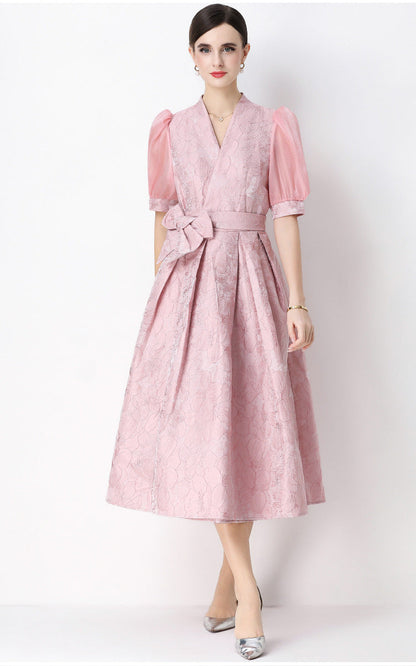 Jacquard Puff Sleeve V-Neck Maxi Dress