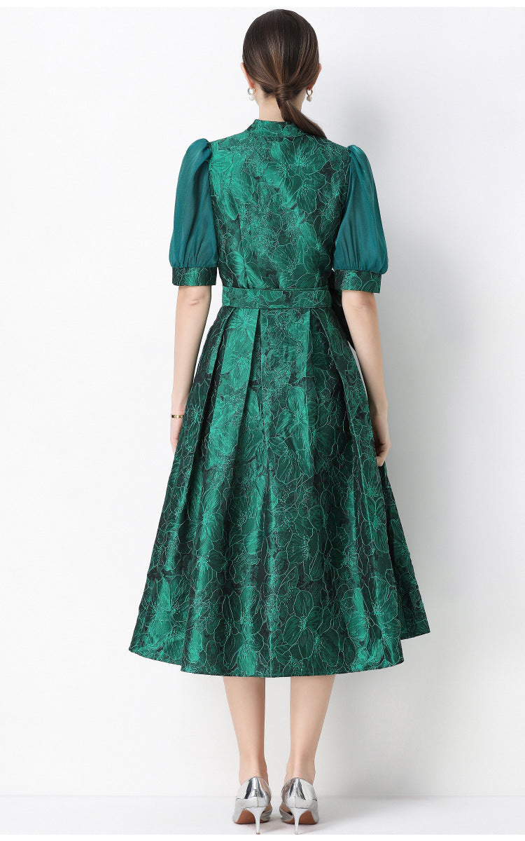 Jacquard Puff Sleeve V-Neck Maxi Dress