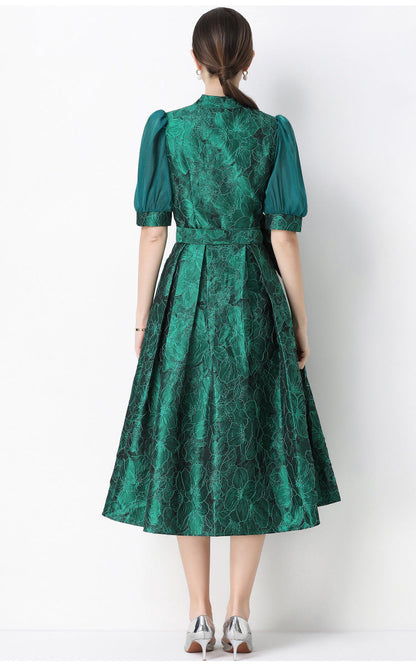 Jacquard Puff Sleeve V-Neck Maxi Dress