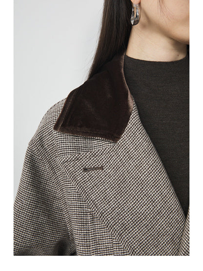 Extra Long Plaid Wool Coat with Silk-Blend Collar