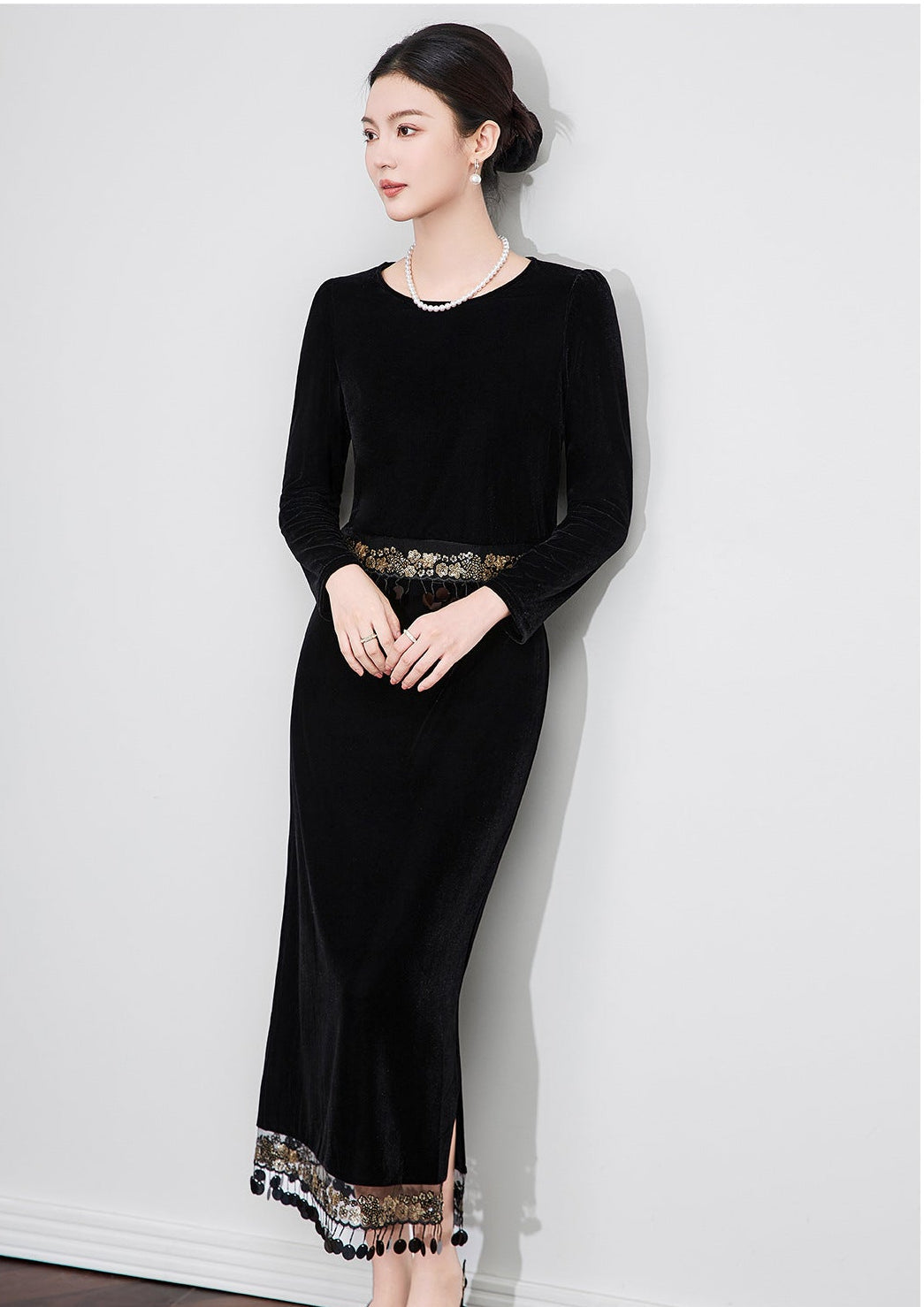 Velvet Fringe Detail Two-Piece Skirt & Top Set
