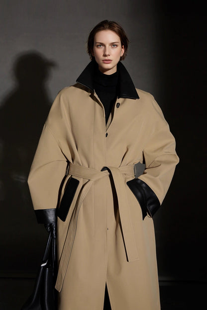 Leather-Trimmed Polo Collar Oversized Long Trench Coat