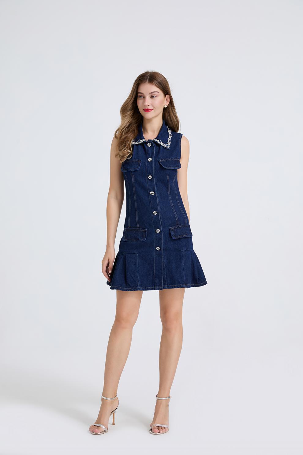 Crystal-Embellished Denim Polo Mini Dress