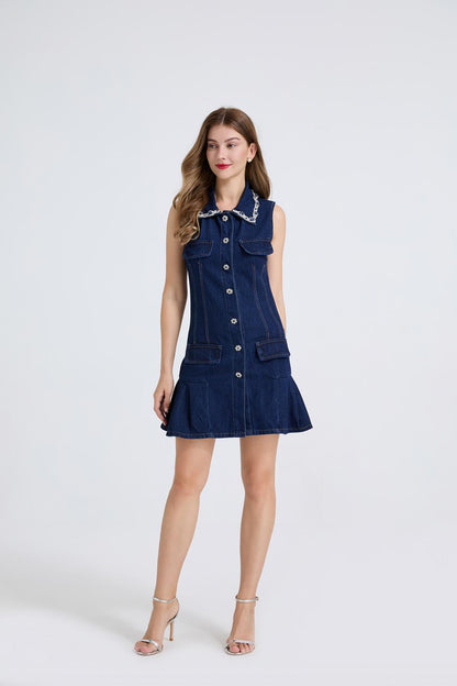 Crystal-Embellished Denim Polo Mini Dress