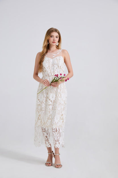 Goddess-Style White Lace Maxi Dress