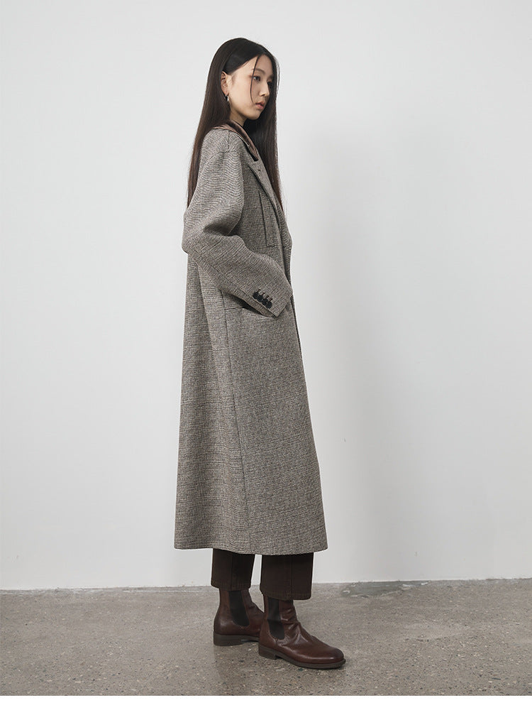 Extra Long Plaid Wool Coat with Silk-Blend Collar