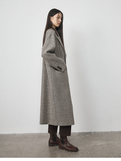 Extra Long Plaid Wool Coat with Silk-Blend Collar