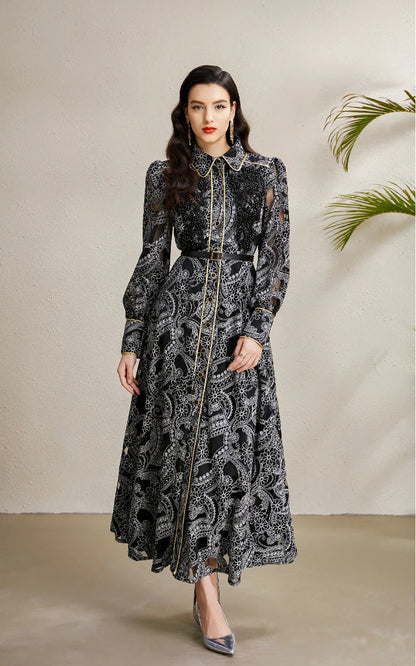 Beaded Lace Maxi Dress with Gold Trim – Elegant Retro Gown