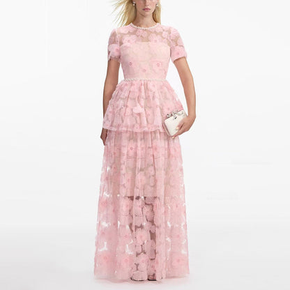 French Elegance Tiered Tulle Embroidered Maxi Dress