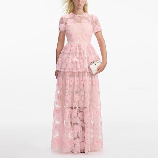 French Elegance Tiered Tulle Embroidered Maxi Dress