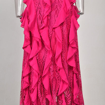Frilled Short Sleeve Lace-Trim Lotus Dress