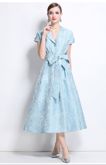 Jacquard A-Line Evening Gown with Full Flowing Skirt