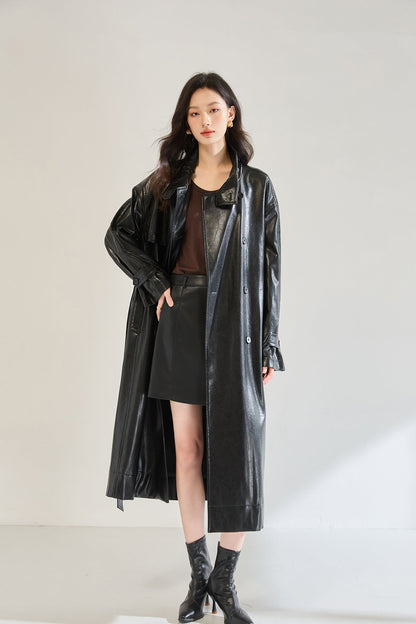 Retro Long Faux Leather Coat