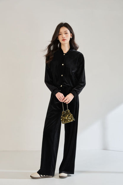 Velvet Pilot Jacket & Wide-Leg Pants Set