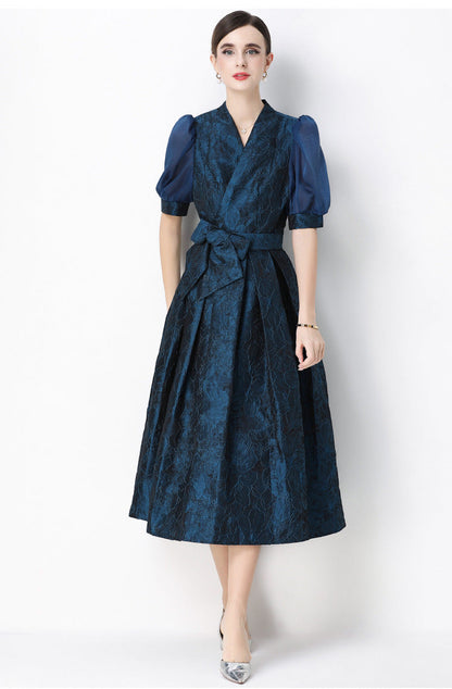 Jacquard Puff Sleeve V-Neck Maxi Dress