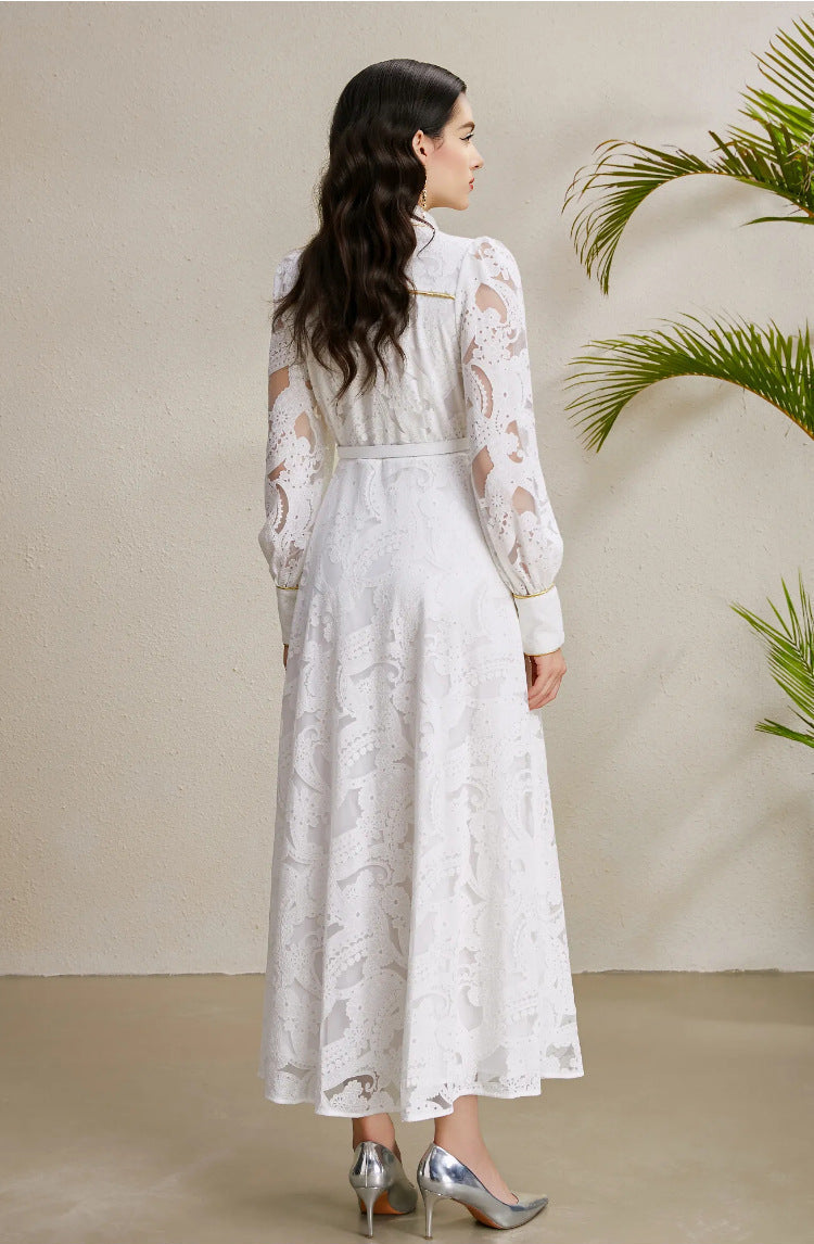 Beaded Lace Maxi Dress with Gold Trim – Elegant Retro Gown