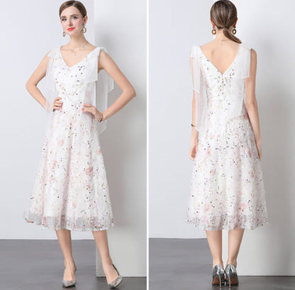 Crystal Sequin Embroidered V-Neck Midi Dress