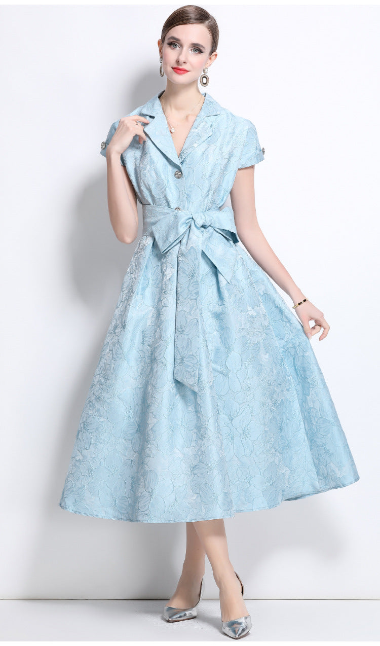 Jacquard A-Line Evening Gown with Full Flowing Skirt