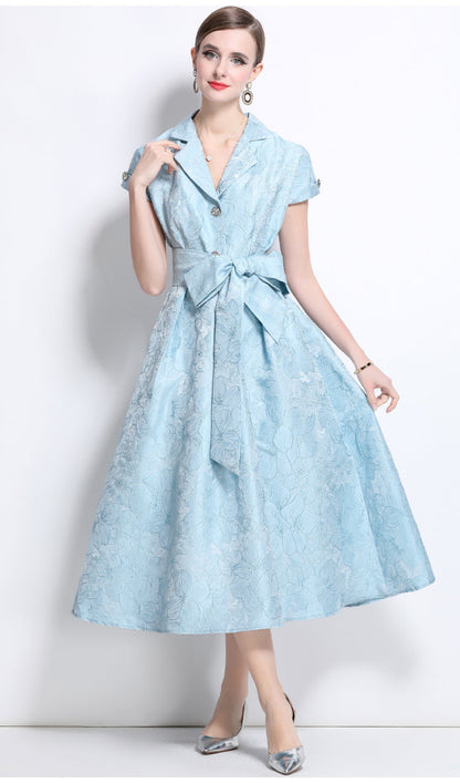 Jacquard A-Line Evening Gown with Full Flowing Skirt