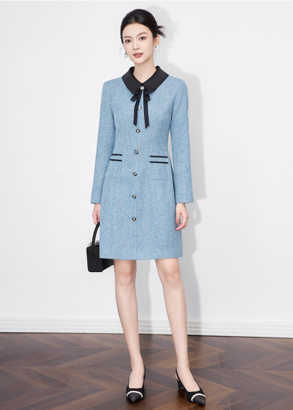 French-Texture Mini Dress with Scarf Collar