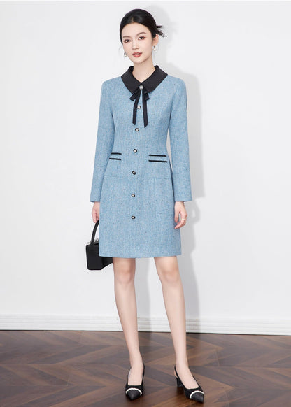 French-Texture Mini Dress with Scarf Collar