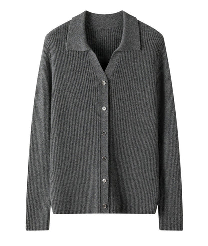 100% Pure Cashmere Polo Collar Cardigan – Long Sleeve, Classic Fit, Ultra-Soft