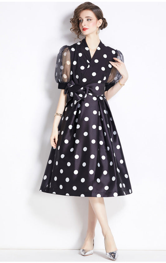 Polka Dot V-Neck Midi Dress