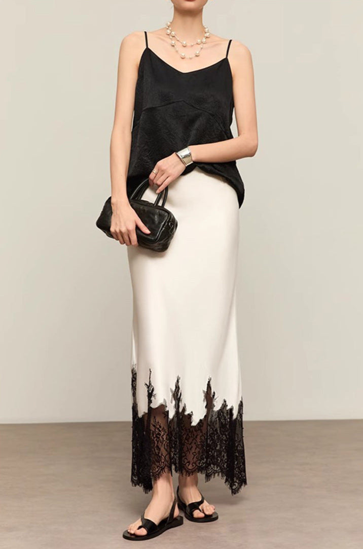 Lace-Trimmed Acetate Satin Maxi Skirt