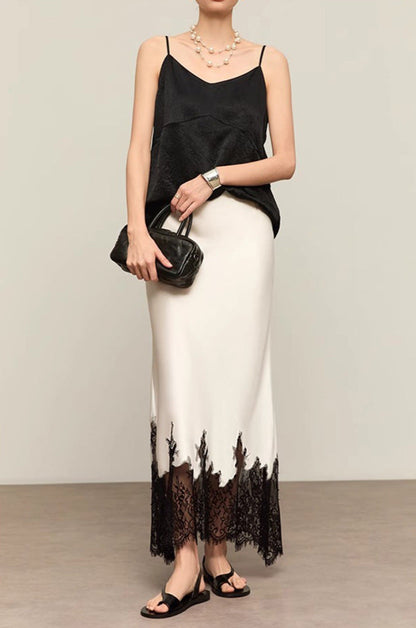 Lace-Trimmed Acetate Satin Maxi Skirt