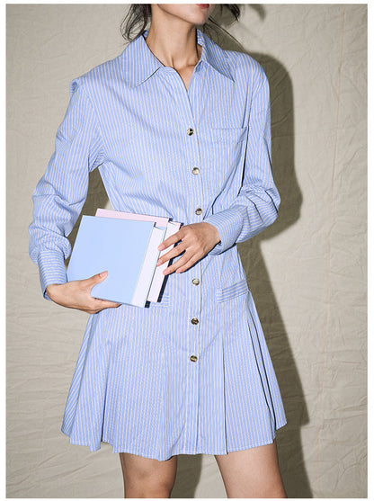 College-Style Blue & White Striped Shirt Dress