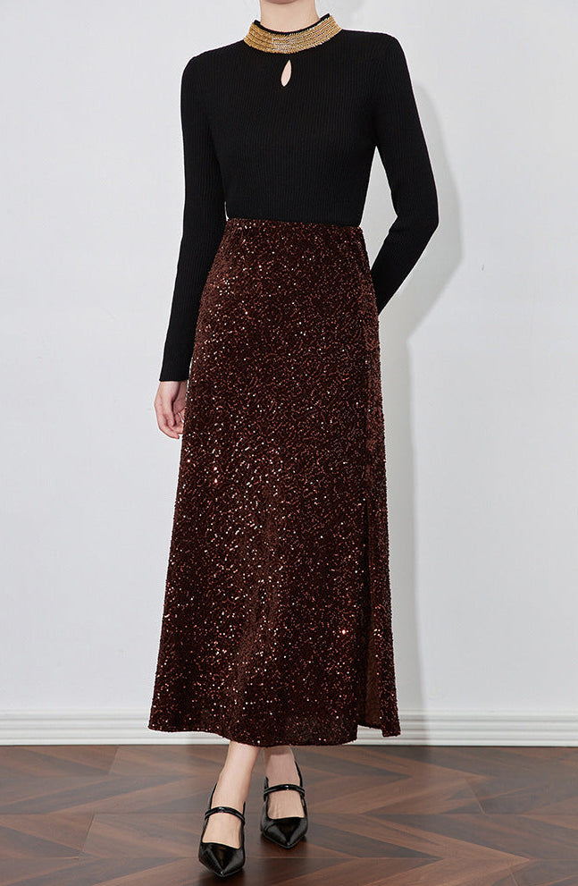 Velvet-Shine Sequin A-Line Midi Skirt