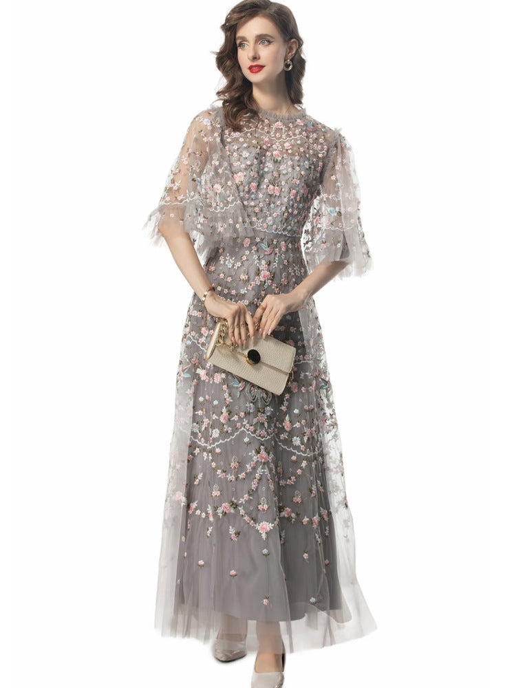Belleza Princess-Cut Embroidered Maxi Evening Dress