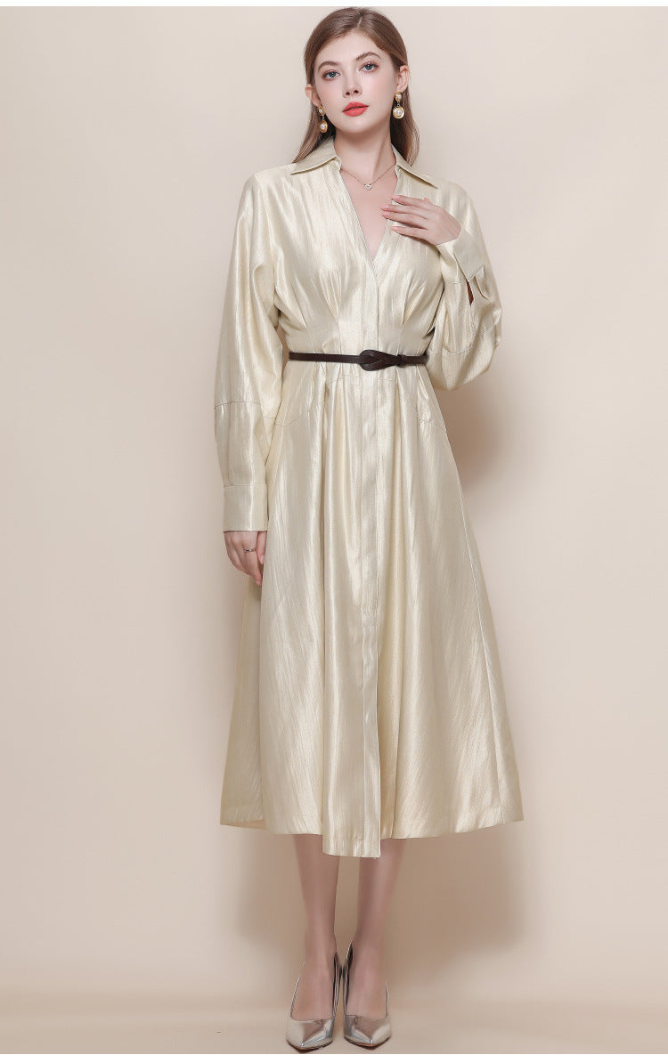 Silk-Texture Belted Midi Dress with Classic Collar