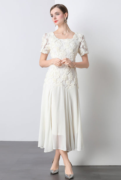 Lace Embroidered 3D Floral Square-Neck Midi Dress