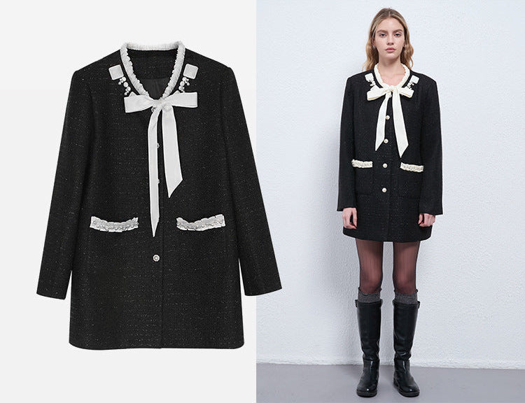 Bow-Tie Neck Contrast Trim Midi Jacket