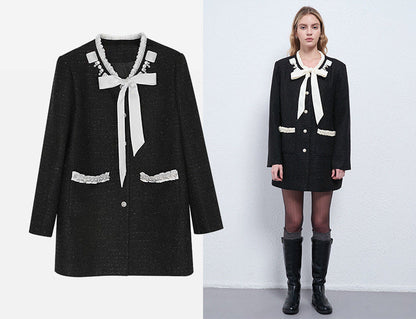 Bow-Tie Neck Contrast Trim Midi Jacket