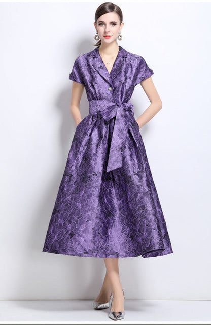 Jacquard A-Line Evening Gown with Full Flowing Skirt