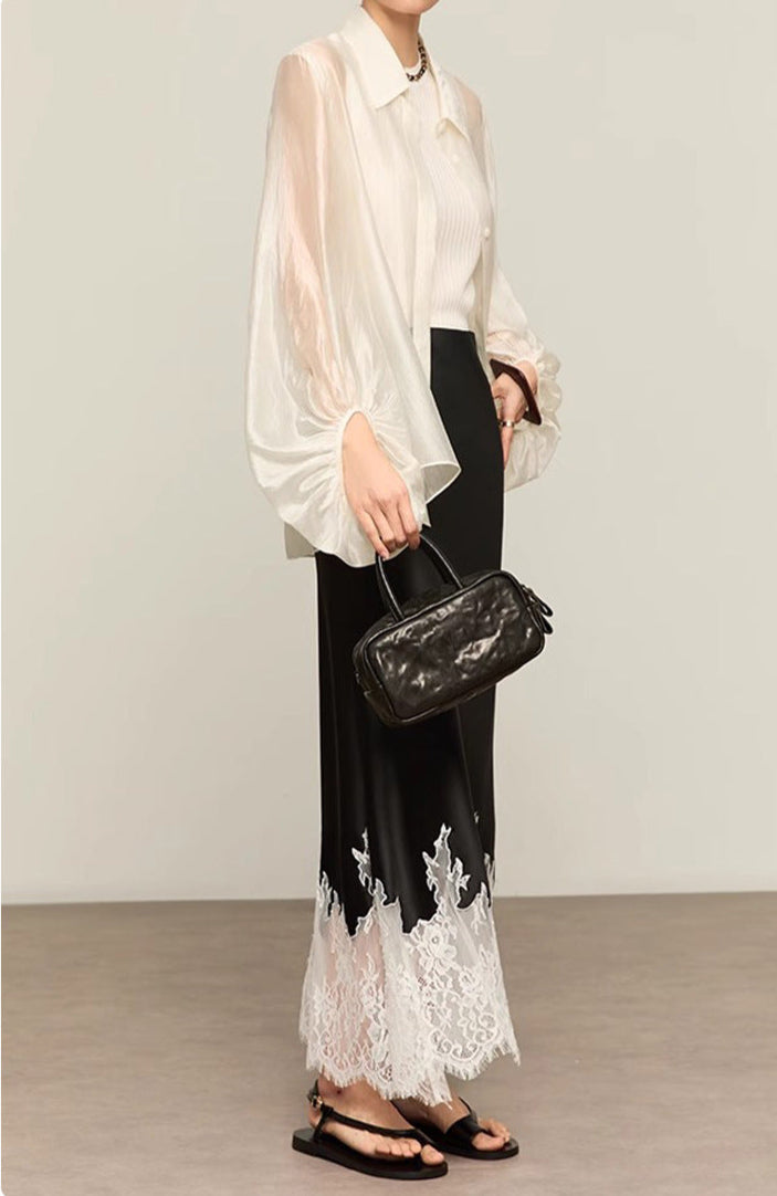 Lace-Trimmed Acetate Satin Maxi Skirt
