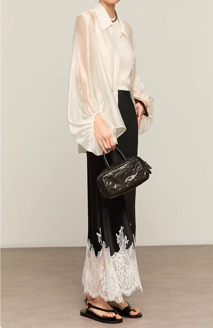 Lace-Trimmed Acetate Satin Maxi Skirt