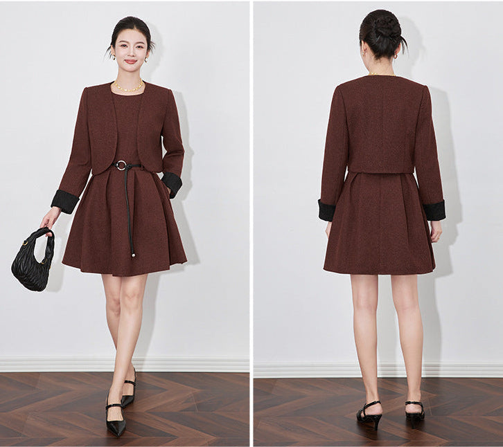 Modern Color-Block Jacket & Chanel-Inspired Pleated Dress Set