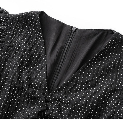 Romantic Polka Dot Midi Dress with Ruffle Sleeves and Necklace Detail
