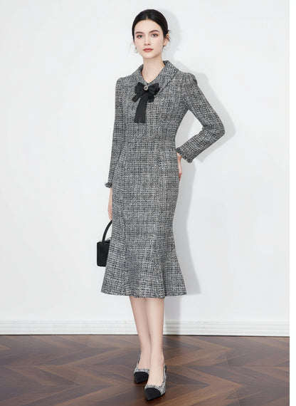 Chanel-Inspired Tweed Mermaid Dress – Elegant Slim Fit Long-Sleeve Design