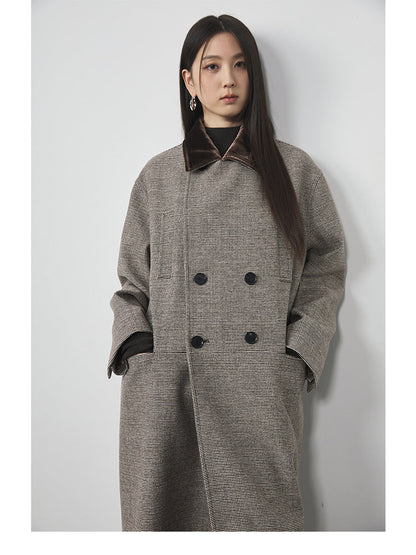 Extra Long Plaid Wool Coat with Silk-Blend Collar