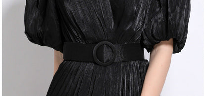 Shimmering Ruched Maxi Dress with Puff Sleeves