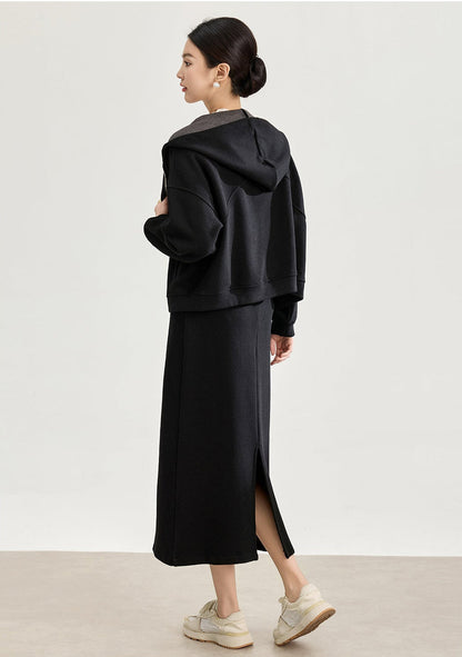Soft Wool-Blend Hooded Jacket & Elastic Waist Skirt Set