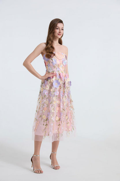 Strapless 3D Floral Embroidered Long Dress