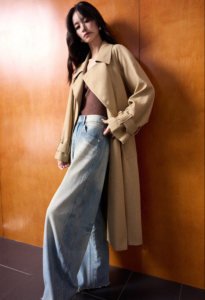 Classic British Style Long Khaki Trench Coat