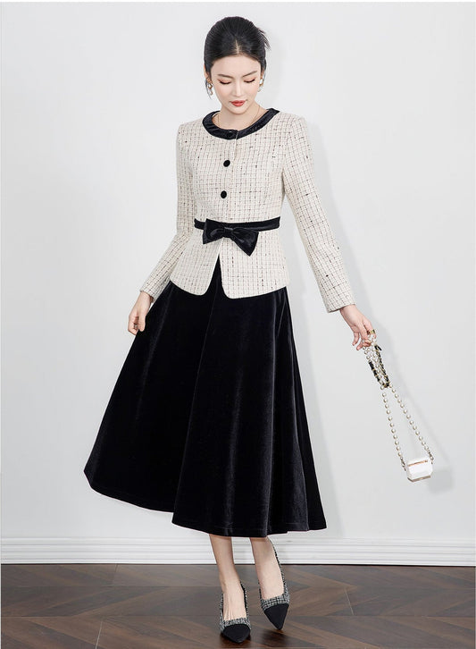 Bow-Detail Tweed Jacket & Velvet Skirt Set