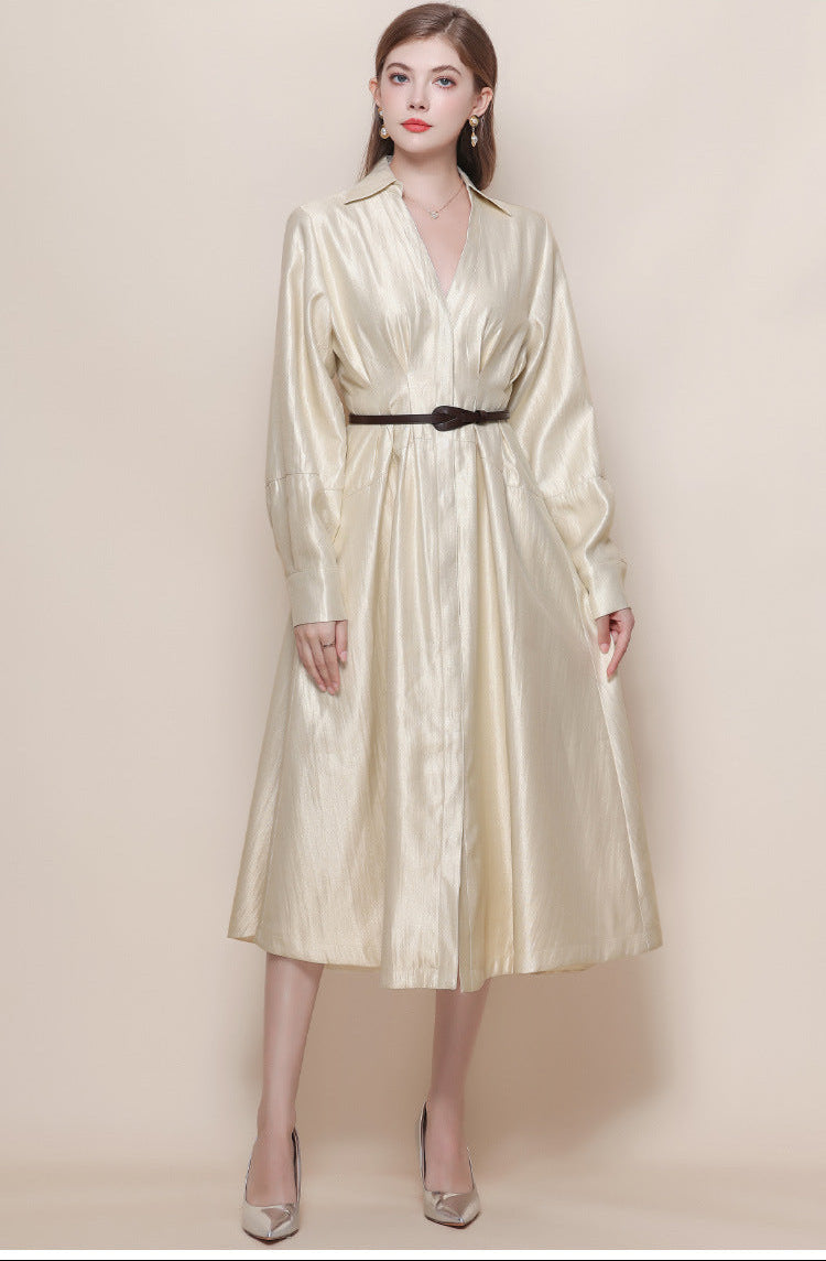 Silk-Texture Belted Midi Dress with Classic Collar